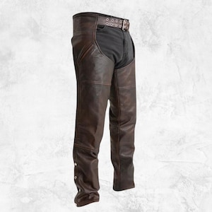 Unisex Brown Biker Leather Chaps with Adjustable Back Lacing | Zipped Pockets