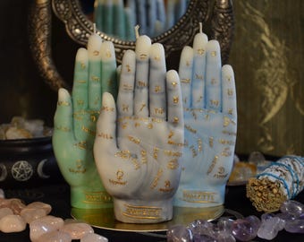 Vela de cera de soja pintada a mano con motivos de quiromancia, signos del zodiaco, decoración de altar para brujas, regalo artístico.