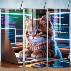 Programmeur chaton 20 oz gobelet Wrap sublimation PNG, téléchargement numérique pour ordinateur portable codeur mignon chat, conception de gobelet skinny Tech Geek