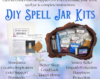 May include: A wooden tray with 14 different DIY spell jar kits. Each kit includes a small glass jar, herbs, crystals, and other ingredients. The kits are labeled with different intentions, such as "Happiness", "Abundance", and "Protection".
