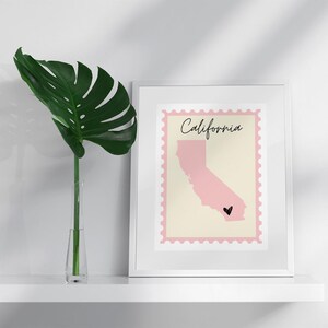 Impression au format carte postale californienne réalisée sur commande, coeur placé sur la ville natale
