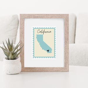 Impression au format carte postale californienne réalisée sur commande, coeur placé sur la ville natale