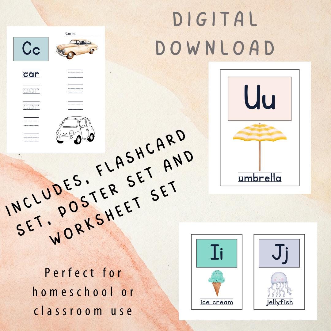 Cute Aesthetic Watercolor Alphabet Flashcard, Poster and Worksheet Set ...