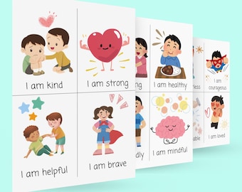 Könnte beinhalten: Ein Satz bunter Karten mit Illustrationen und Text. Jede Karte zeigt eine andere positive Affirmation, wie "Ich bin freundlich", "Ich bin stark", "Ich bin gesund", "Ich bin mutig", "Ich bin geliebt", "Ich bin hilfsbereit", "Ich bin mutig" und "Ich bin achtsam".