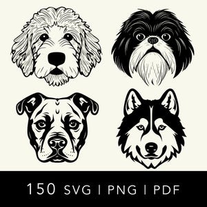Puede incluir: Ilustraciones en blanco y negro de cuatro razas de perros: un Goldendoodle, un Shih Tzu, un Pitbull y un Husky Siberiano. La imagen incluye el texto "150 SVG | PNG | PDF".