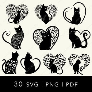 Könnte beinhalten: Eine Sammlung schwarzer Katzen-Silhouetten in verschiedenen herzförmigen Designs. Einige Herzen weisen florale Muster oder kleine Herzen auf, andere haben einen einfachen Umriss. Der Text "30 SVG | PNG | PDF" ist ebenfalls enthalten.