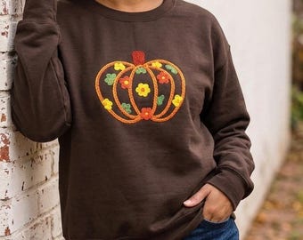 Sudadera con bordado de calabaza floral / Sudadera de cuello redondo para otoño