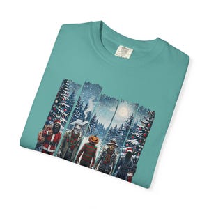 Vintage Horror Christmas T-Shirt, Spooky Santa, Frankenstein, Scarecrow (Distressed Split Panel)