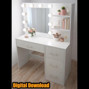 DIY Hollywood Makeup Vanity Table/Desk with Mirror,Lights and Shelves Building Plan - Woodworking Blueprint - Instant Download