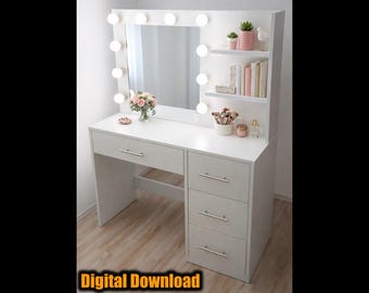 DIY Hollywood Make-up Schminktisch/Schreibtisch mit Spiegel, Beleuchtung und Regalen Bauplan - Holzbearbeitung Blueprint - Instant Download