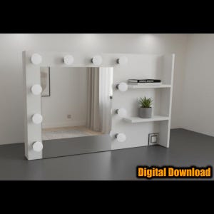Hollywood sminkspegel med lampor och hyllor DIY-ritningar | Träbearbetningsritning | Direkt nedladdning