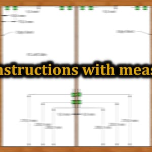 K&ouml;nnte beinhalten: Detaillierte Anweisungen mit Ma&szlig;en auf wei&szlig;em Hintergrund. Der Text ist in Gelb und Schwarz. Das Diagramm enth&auml;lt Ma&szlig;e in Millimetern, mit Linien und Formen. Der Hintergrund ist eine Holzstruktur.