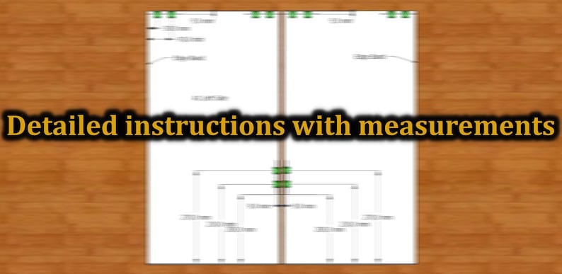 K&ouml;nnte beinhalten: Detaillierte Anweisungen mit Ma&szlig;en auf wei&szlig;em Hintergrund. Der Text ist in Gelb und Schwarz. Das Diagramm enth&auml;lt Ma&szlig;e in Millimetern, mit Linien und Formen. Der Hintergrund ist eine Holzstruktur.