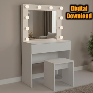 DIY Hollywood sminkbord/skrivbord med spegel och lampor + stol byggplan - träbearbetningsritning - direkt nedladdning