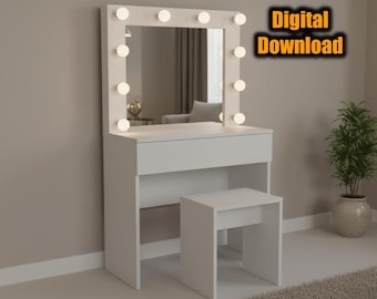 DIY Hollywood Make-up Schminktisch/Schreibtisch mit Spiegel und Lichter + Stuhl Bauplan - Holzbearbeitung Blueprint - Instant Download