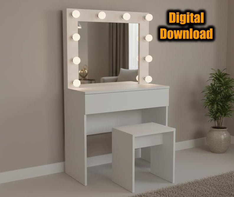 DIY Hollywood Make-up Schminktisch/Schreibtisch mit Spiegel und Lichter + Stuhl Bauplan - Holzbearbeitung Blueprint - Instant Download Bild 1
