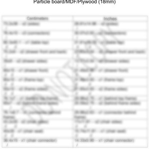 K&ouml;nnte beinhalten: Eine Tabelle mit den erforderlichen Teilen f&uuml;r ein Projekt, einschlie&szlig;lich Spanplatten, MDF und Sperrholz. Die Ma&szlig;e sind in Zentimetern und Zoll angegeben. Der Text enth&auml;lt "Stuhlverbinder" mit den Ma&szlig;en 36,4x15 cm und 14,33x5,90 Zoll.
