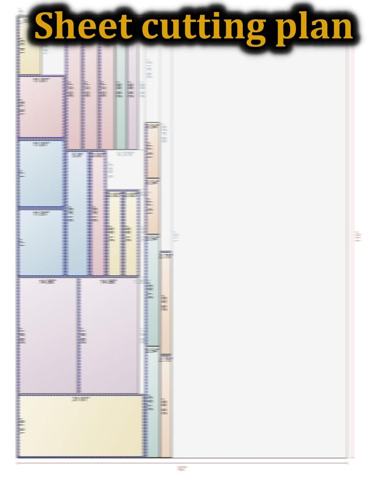 K&ouml;nnte beinhalten: Ein Zuschnittplan mit verschiedenen farbigen rechteckigen Formen und Abmessungen. Der Text "Sheet cutting plan" befindet sich in gelber und schwarzer Schrift oben im Bild. Die Ma&szlig;e sind in Zentimetern.