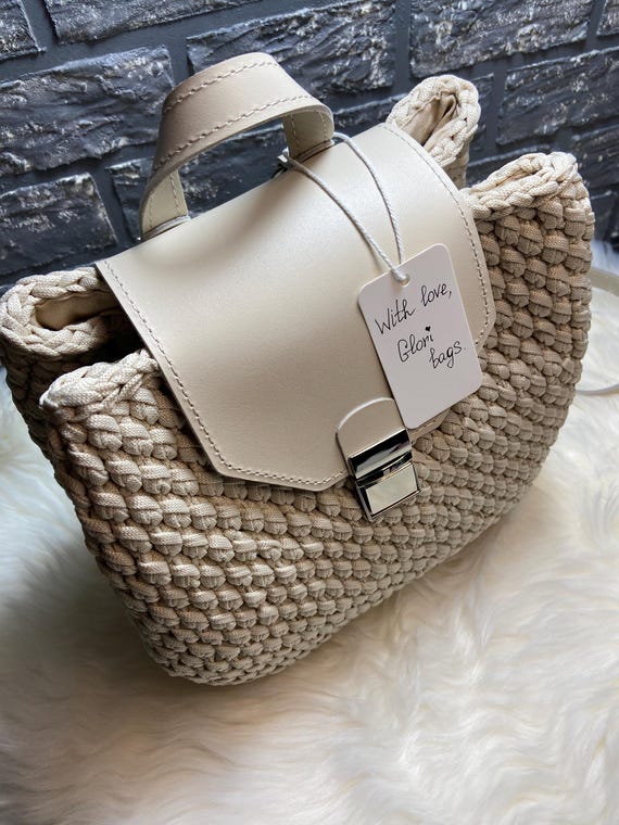 Handmade Beige Crochet Backpack — Eco Cord, Leather Details  display picture 1