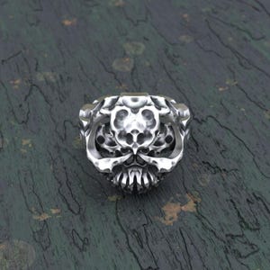 Biomechanical Skull Ring 925 Sterling Silver | Gothic Mens 3D Textured Death Head | Biker Punk Metal Jewelry | Unique Mens Statement Gift