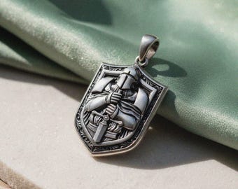 Crusader Knight Shield Pendant 925 Sterling Silver Oxidized Matte Templar Necklace Medieval Warrior Vintage Style Jewelry Mens Gift Handmade