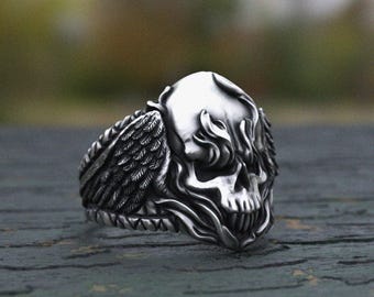 Sterling Silver Winged Skull Ring: Gothic Biker Jewelry