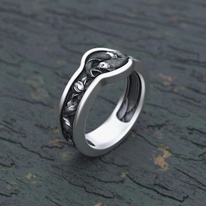 Koi Fish Silver Ring - 925 Sterling Silver Lotus Band - Japanese Yin Yang Symbol - Handcrafted Zen Jewelry - Artistic Asian Inspired Gift