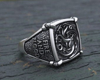Three-Headed Dragon Signet Ring - 925 Sterling Silver House Targaryen Ring - Fire and Blood Fantasy Inspired Jewelry - Men&#39;s Statement Ring