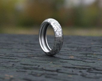 Engraved Floral Wedding Band: Sterling Silver Nature Ring