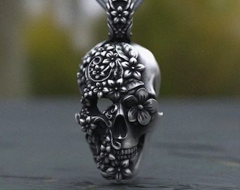Sugar Skull Pendant: Handmade Sterling Silver - Floral Day of the Dead