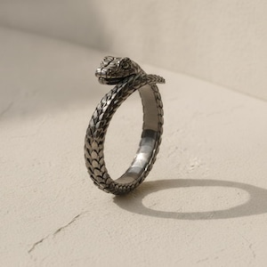 Può includere: Un anello in metallo color argento scuro a forma di serpente avvolto. La fascia presenta una texture dettagliata a scaglie sovrapposte che avvolge il dito, con la testa del serpente che poggia sulla parte superiore, mostrando occhi e bocca definiti.