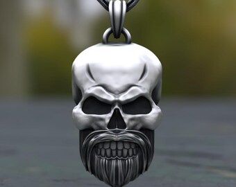 Sterling Silver Bearded Skull Pendant: Viking Biker Necklace
