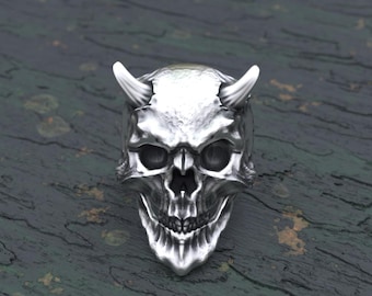 Sterling Silver Skull Ring with Horns, Gothic Biker Jewelry