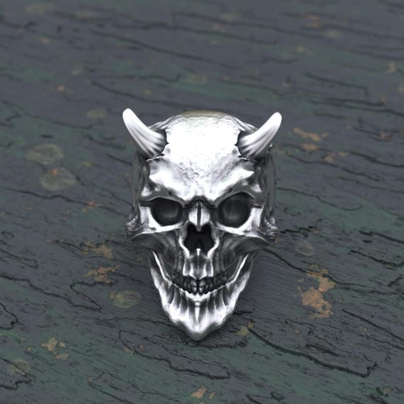 Sterling Silver Skull Ring With Horns, Gothic Biker Jewelry - Etsy