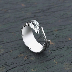 Feather Ring Sterling Silver 925 - Adjustable Angel Wing Ring with Oxidized Details - Boho Nature Jewelry