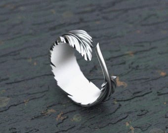 Oxidized Sterling Silver Feather Ring - Adjustable Angel Wing Jewelry
