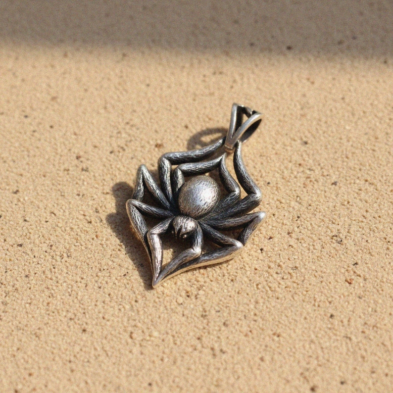 Oxidized matte spider pendant showing detailed body texture and web frame design, vintage finish 925 silver gothic arachnid jewelry