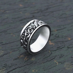 Royal Carved Silver Wedding Band Ring - 925 Sterling Silver Filigree Rococo Ring - Vintage Inspired Floral Band - Elegant Bridal Jewelry