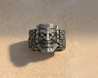Oxidized Sterling Silver Aztec God Ring, Mayan Mask Jewelry