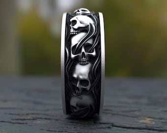 Gorgeous Skull Ring, Handmade Skull Engraved Biker Ring, Men Statement Band, Gothic Jewelry, Sterling Silver Wedding Band
