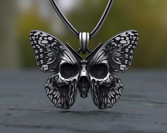 Butterfly Skull Pendant: Oxidized Sterling Silver Gothic Necklace