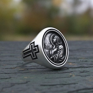 Jesus Christ Ring Sterling Silver 925 - Handmade Christian Cross Signet Ring - Religious Faith Jewelry