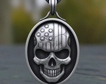 Sterling Silver American Flag Skull Pendant: Patriotic USA Medallion