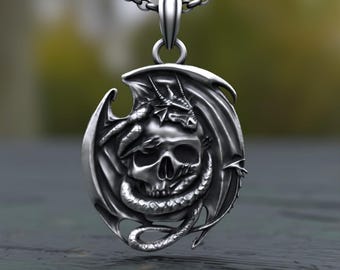Sterling Silver Dragon Skull Pendant Necklace: Gothic Fantasy Jewelry