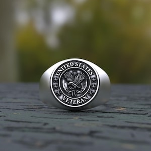 US Veteran Ring | 925 Sterling Silver Military Signet Ring | American Eagle Patriotic Jewelry | Army Navy Air Force Marines Gift
