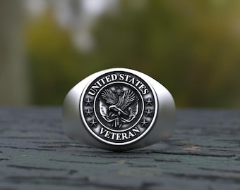 Sterling Silver US Veteran Ring: American Eagle Signet, Military Gift