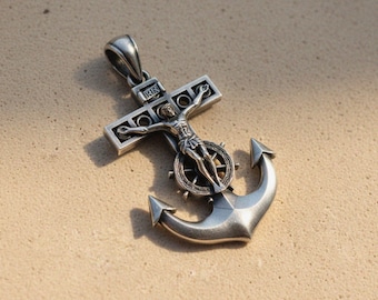 Anchor Cross Pendant Sterling Silver Crucifix Necklace Ship Wheel Nautical Religious Jewelry Catholic Navy Gift Christian Men