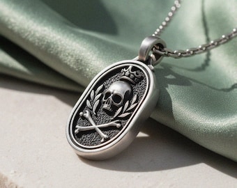 Skull Crossbones Crown Pendant Necklace, 925 Sterling Silver Oxidized Memento Mori Laurel Wreath Gothic Jewelry
