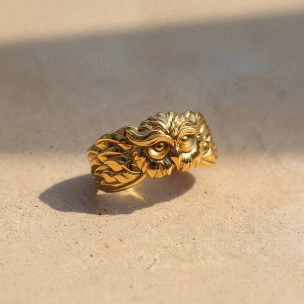 Flying Owl Ring: Bold Bird Jewelry (14K Gold Vermeil, Wraparound Band)
