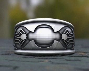Handmade Sterling Silver Spider Emblem Ring: Comic Book Jewelry